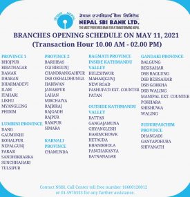 Branches Opening Schedule on May 11, 2021