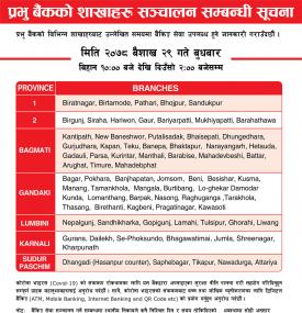 प्रभु बैंकका निम्न शाखाहरु खुल्ला रहने सूचना!
