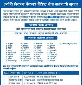 ज्योति विकास बैंकको वैशाख २९ गतेका दिन संचालन हुने शाखाहरु सम्बन्धी सूचना।