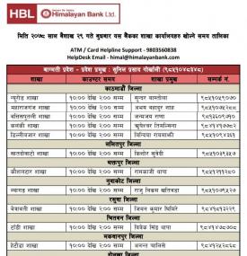 हिमालयन बैंकको आज खुल्ला रहने शाखा समयबारे सूचना