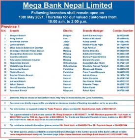 मेगा बैंकको आज खुल्ला रहने शाखा समयबारे सूचना (Banking Hours Province 1-7)