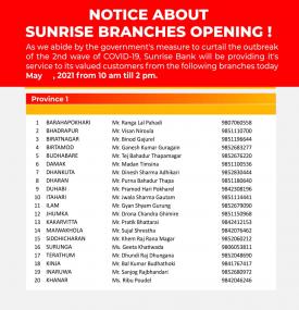 Sunrise बैंकको शाखाहरु खुल्ला रहने सूचना