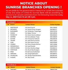 Notice regarding branches operating on 16th May, 2021 (Jestha 2, 2078)