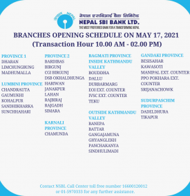 Branches Opening Schedule on May 17, 2021 !!