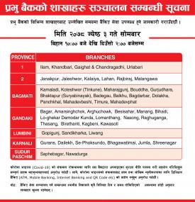 Prabhu बैंकको शाखाहरु खुल्ला रहने सूचना