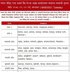 NCC बैंक लिमिटेडको शाखा कार्यालयहरू संचालन सम्बन्धी सूचना ।
