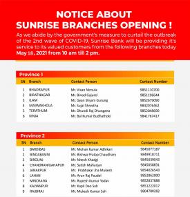 सनराइज बैंकको शाखाहरु खुल्ला रहने सूचना