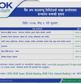 बैंक अफ काठमाण्डू लिमिटेडको शाखा कार्यालयहरू संचालन सम्बन्धी सूचना !!