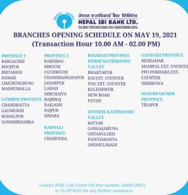 Branches Opening Schedule on May 19, 2021 !!