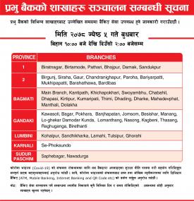 Prabhu बैंकको शाखाहरु खुल्ला रहने सूचना