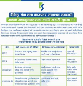 बैकिङ्ग सेवा तथा काउण्टर संचालन सम्बन्धि सूचना