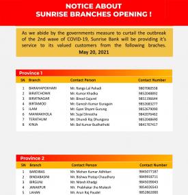 Notice regarding branches operating tomorrow 20th May, 2021