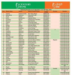 आज खुल्ला नरहने शाखा कार्यालयहरु बारे सेञ्चुरी बैंकको सूचना