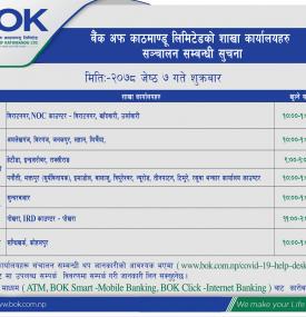 बैंक अफ काठमाण्डू लिमिटेडको शाखा कार्यालयहरू संचालन सम्बन्धी सूचना !!