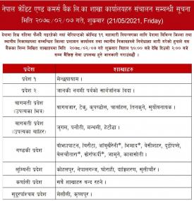 NCC बैंक लिमिटेडको शाखा कार्यालयहरू संचालन सम्बन्धी सूचना ।