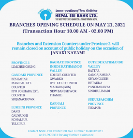 Branches Opening Schedule on May 21, 2021 !!