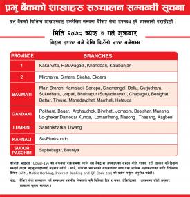 	 प्रभु बैंकका निम्न शाखाहरु खुल्ला रहने सूचना!