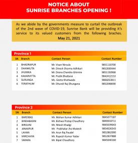 सनराइज बैंकको शाखाहरु खुल्ला रहने सूचना
