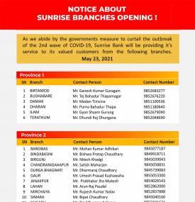 सनराइज बैंकको शाखाहरु खुल्ला रहने सूचना