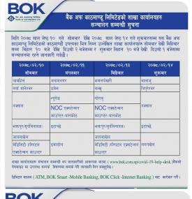 बैंक अफ काठमाण्डू लिमिटेडको शाखा कार्यालयहरू संचालन सम्बन्धी सूचना !!