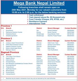 मेगा बैंकको आज खुल्ला रहने शाखा समयबारे सूचना (Banking Hours Province 1-7)