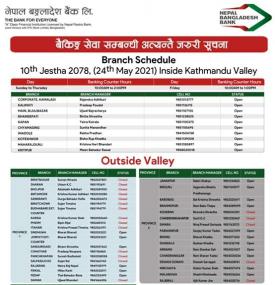 Notice for inside valley branch opening schedule for Jestha 11, 2078.