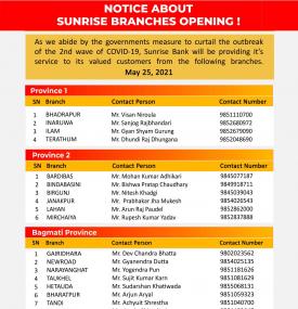 सनराइज बैंकको शाखाहरु खुल्ला रहने सूचना - Banking Hours -