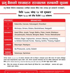प्रभु बैंकका निम्न शाखाहरु खुल्ला रहने सूचना!