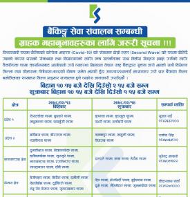 	 बैकिङ्ग सेवा तथा काउण्टर संचालन सम्बन्धि सूचना