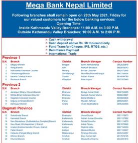 मेगा बैंकको आज खुल्ला रहने शाखा समयबारे सूचना (Banking Hours Province 1-7)