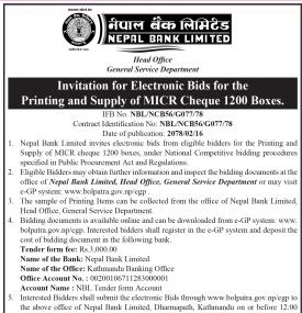 Invitation for Electronic Bids for the Printing and Supply of MICR Cheque