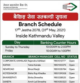 Notice for inside valley branch opening schedule for Jestha 17, 2078.