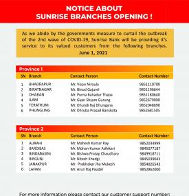 सनराइज बैंकको आज  खुल्ला रहने शाखा समयबारे सूचना - Banking Hours -