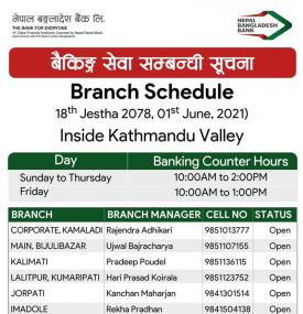 Notice for inside valley branch opening schedule for Jestha 18, 2078.