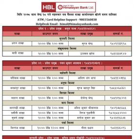 हिमालयन बैंकको आज खुल्ला रहने शाखा समयबारे सूचना- HBL Banking Hours -