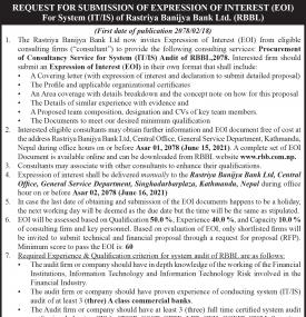 Request for submission of expression of interest - EOI - for system (IT.IS) of RBBL.