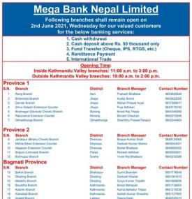 मेगा बैंकको आज खुल्ला रहने शाखा समयबारे सूचना (Mega Banking Hours)