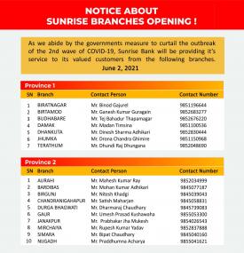 सनराइज बैंकको आज खुल्ला रहने शाखा समयबारे सूचना - Banking Hours -