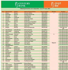 	 आज खुल्ला रहने शाखा कार्यालयहरु बारे सेञ्चुरी बैंकको सूचना - CCBL Banking Hours -