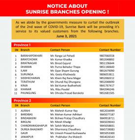 सनराइज बैंकको आज खुल्ला रहने शाखा समयबारे सूचना - Banking Hours -