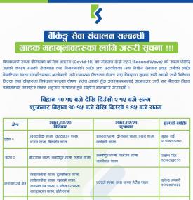 बैकिङ्ग सेवा तथा काउण्टर संचालन सम्बन्धि सूचना - KSBBL Banking Hours -