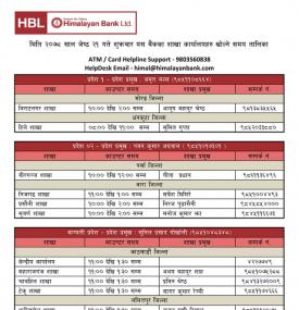 हिमालयन बैंकको आज खुल्ला रहने शाखा समयबारे सूचना- HBL Banking Hours -