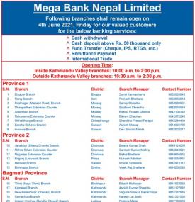 मेगा बैंकको आज खुल्ला रहने शाखा समयबारे सूचना (Mega Banking Hours)
