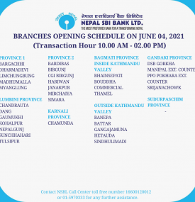 Branches Opening Schedule on June 04, 2021 !!