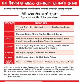 प्रभु बैंकका निम्न शाखाहरु खुल्ला रहने सूचना! - २०७८/०२/०२१ -