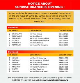 सनराइज बैंकको आज खुल्ला रहने शाखा समयबारे सूचना - Banking Hours -