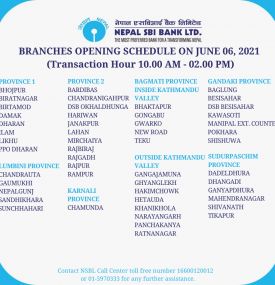 Branches Opening Schedule on June 6, 2021