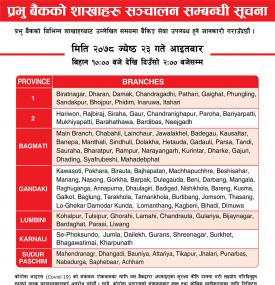 प्रभु बैंकका निम्न शाखाहरु खुल्ला रहने सूचना- Prabhu Banking Hours-