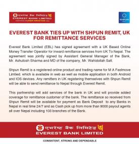 Everest Bank ties up with Shpun Remit, UK for Remittance Services