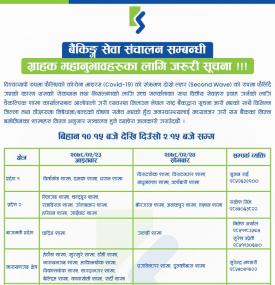 बैकिङ्ग सेवा तथा काउण्टर संचालन सम्बन्धि सूचना - KSBBL Banking Hours -